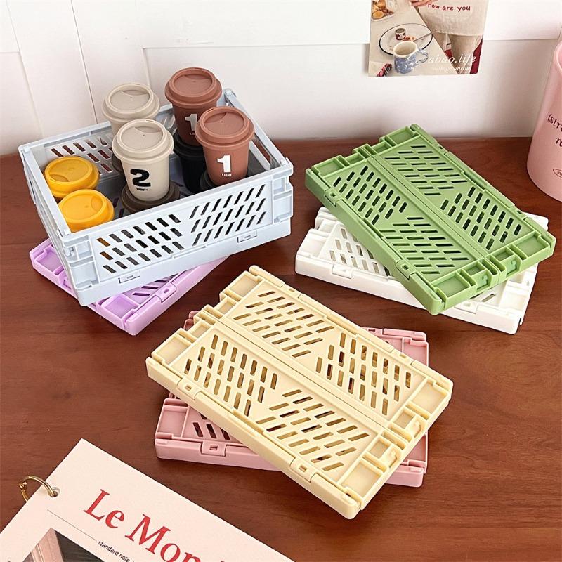 1Pc Mini Folding Plastic Storage Box Student Desktop Finishing Handbook Tape Stationery Folding Basket Storage Basket