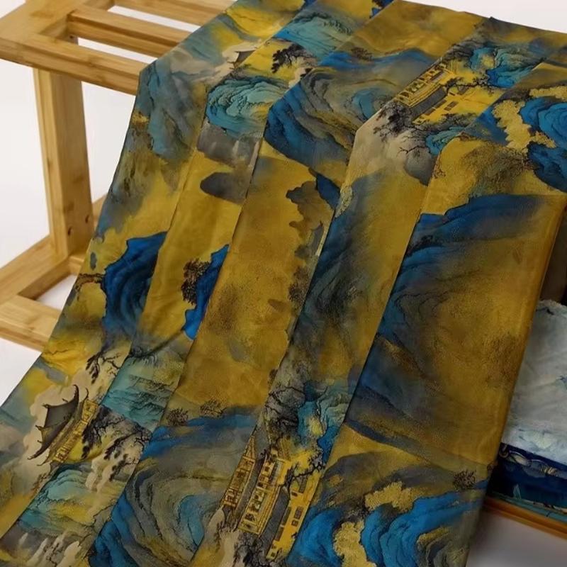 Krajinná hedvábná strečová saténová látka 50x150cm pro tradiční čínské vintage Hanfu Cheongsam dámské oblečení šaty šicí řemesla
