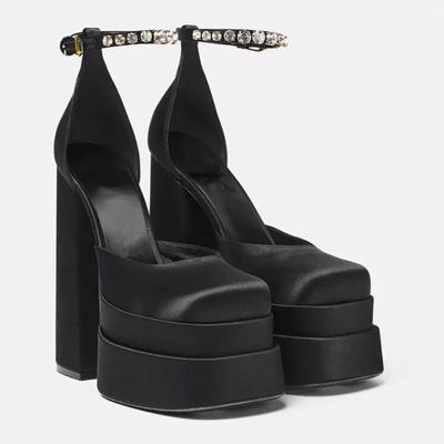 Printemps quatre saisons diamant brillant super talon haut chaussures simples pour femmes C nœud mode strass nœud sandales à talon épais
