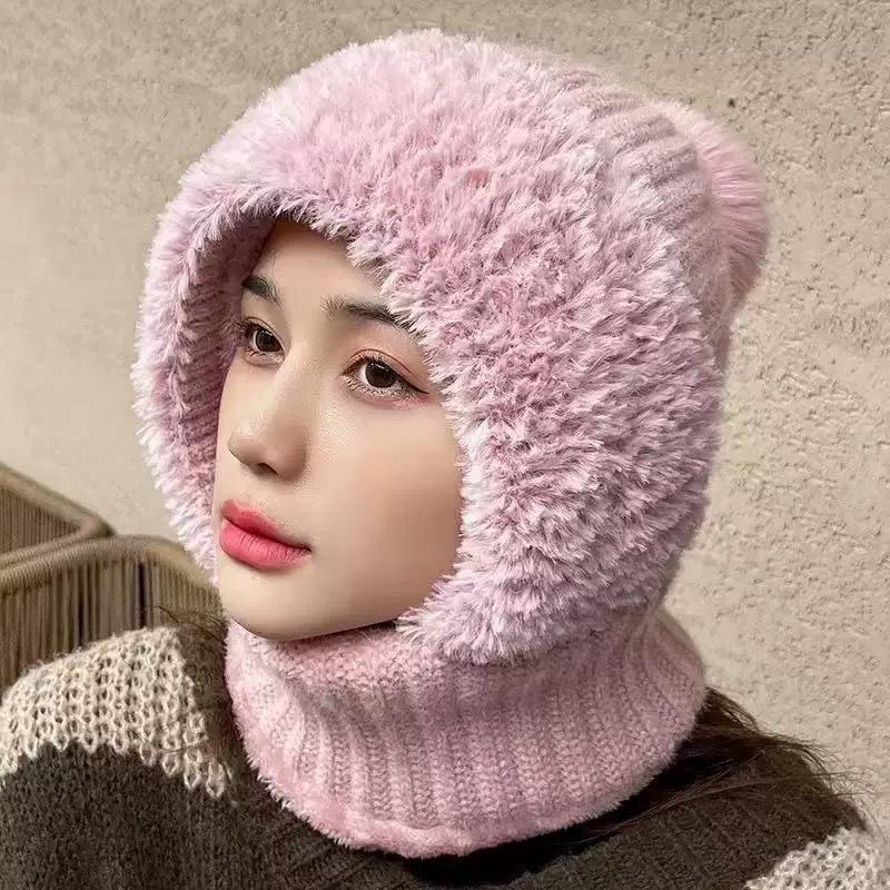 **Stor Hovedstørrelse Integreret Hue Kvinder Efterår Vinter Fleece Fortykket Ansigtsdækning Strikket Hue Halsedisse Maske Varm Pullover Balaclava**