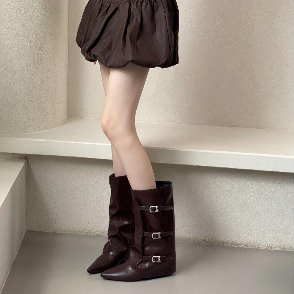European and American Slope Heel High Heel High Boots Women's 2025 New Spring and Autumn Pointed Pile Solid Color Long Trousers Knight Boots