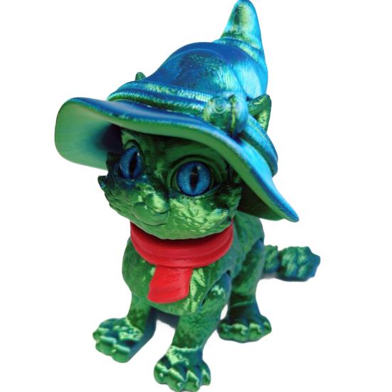 3D Printed Articulated Cat Wizard Hat Cat Ornament Wearing Red Scarf Big Eyes Cat Fidget Toy with Flexible Joints for Stress Relief Desktop Decoration