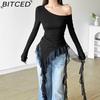 BITCED Autumn Women's Solid-Colour Slim-Fit Flattering Streetwear Fashion Off-Shoulder Long-Sleeved Top