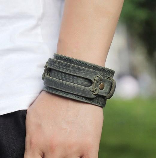 Punk Leather Bracelet for Men Brown