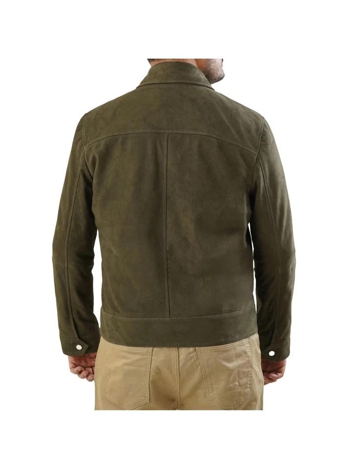 Handgefertigte Motorrad Jacke Wildleder Grün Herren Lammleder Weich Echtes Biker