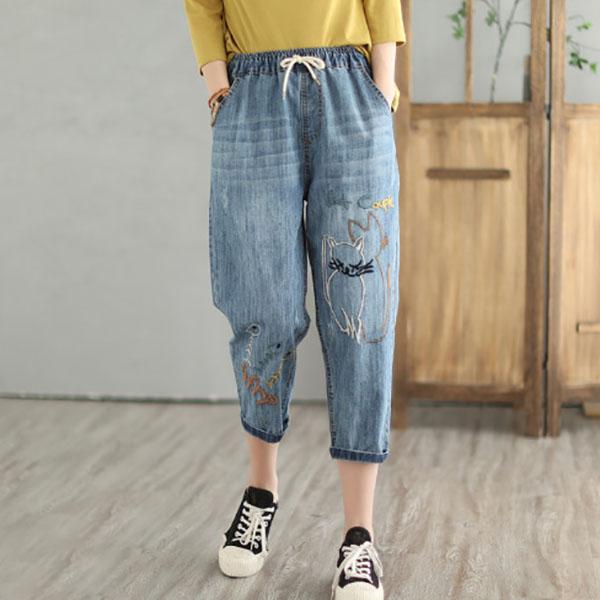 Frühlings- und Sommer-Modestil Damen Vintage Stickerei Jeans Damen Lässige Blumen-Denimhose Zerrissene Haremshose