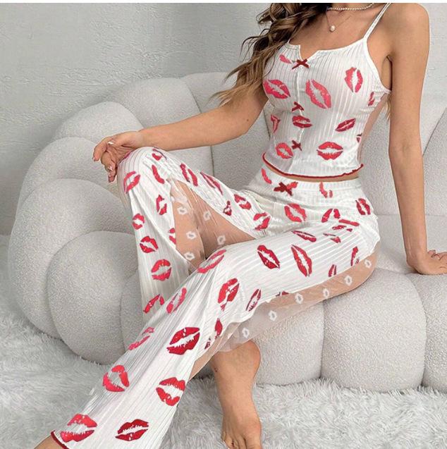 New Style Sexy Mesh Patchwork Printed Pajama Set for Women Small