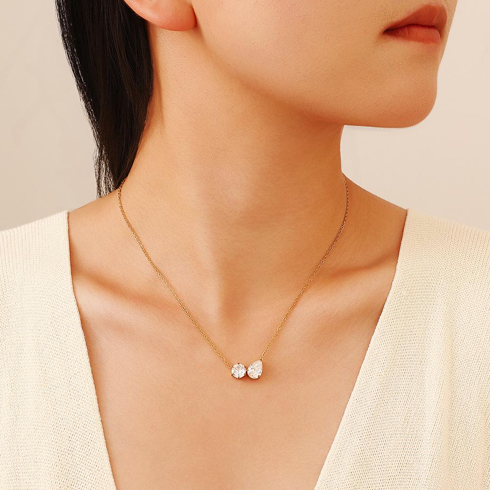 18K Gold-Plated Stainless Steel Necklace with Zircon Pendant - Simple, Fashionable, Waterproof Design for Women