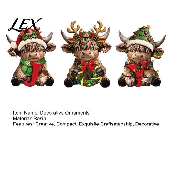 Detailed Figurines for Porch 3Pcs Christmas Highland Cow Figurine, Resin Yak Statues with JOY Letter Sign, Decorative Accents Desk Farmhouse Tabletop