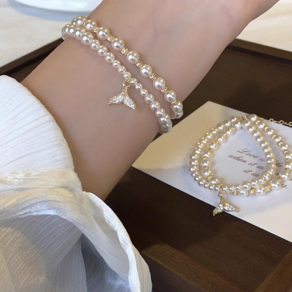 Korean Zircon Pearl Fishtail Double-layer Bracelet Personality Creative Design Sense Bracelet Fashion Temperament Versatile Jewelry Women