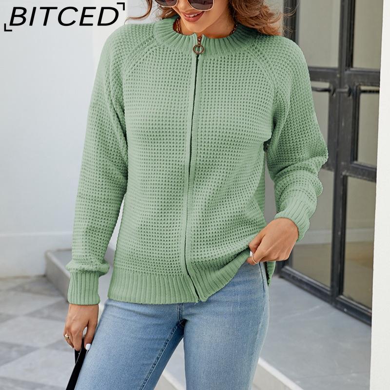 BITCED Autumn/Winter Women's Solid Colour Zip-Up O-Neck Knitted Cardigan