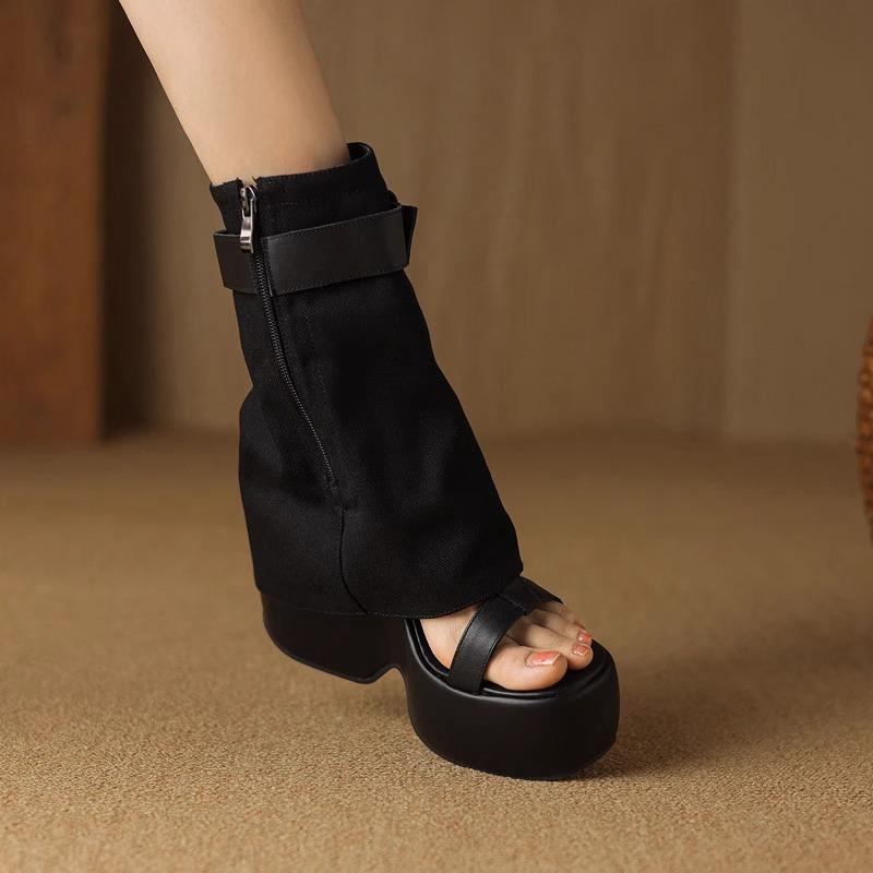 Pants Boots Women's Summer New Short Boots 12cm Height Increase Small Thick-soled Slope High-heeled Muffin Leather Roman Sandals