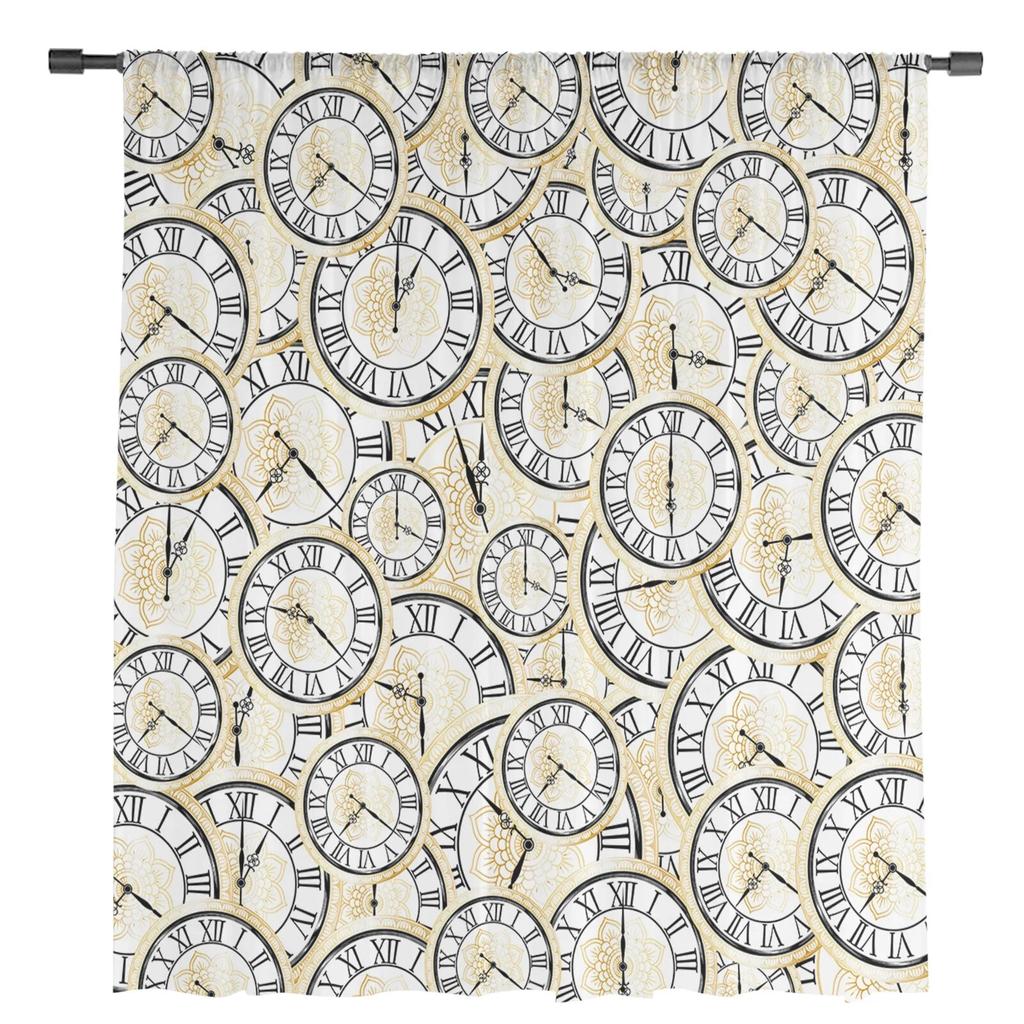 Květinové tylkové závěsy s hodinami pro obývací pokoj Průhledný závěs pro okno ložnice Žaluzie Voile závěsy