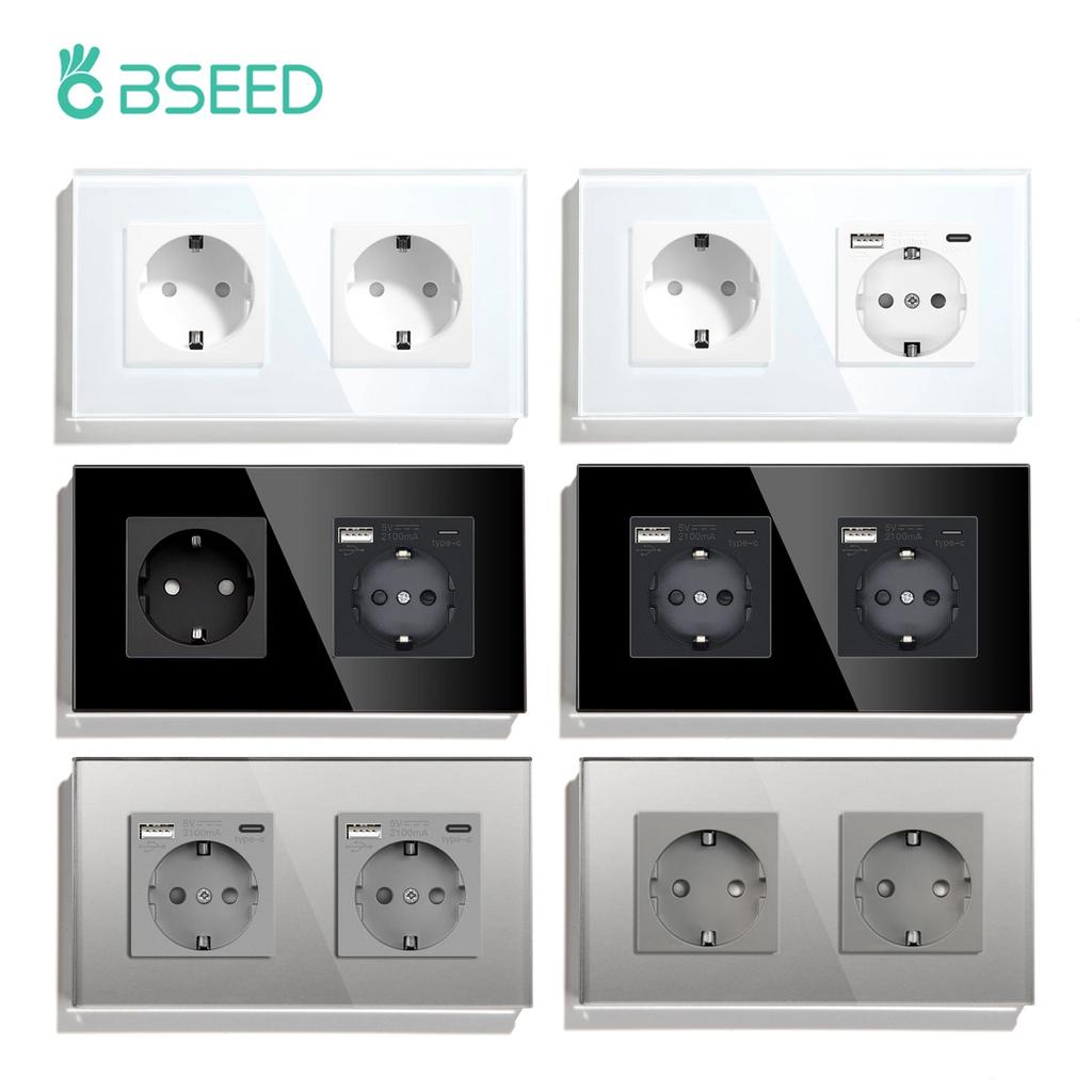 BSEED Double EU Wall Socket Type-c USB Power Sockets Android Apple Mobile Phone Charging Ports Glass Panel 16A