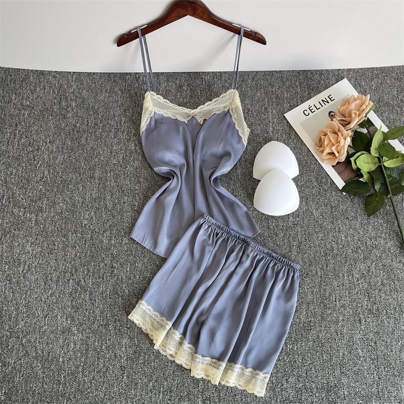 Sexy Pajamas Women's Ice Ribbon Chest Pad Summer Suspender Shorts New Lace Pure Desire Silk Loungewear