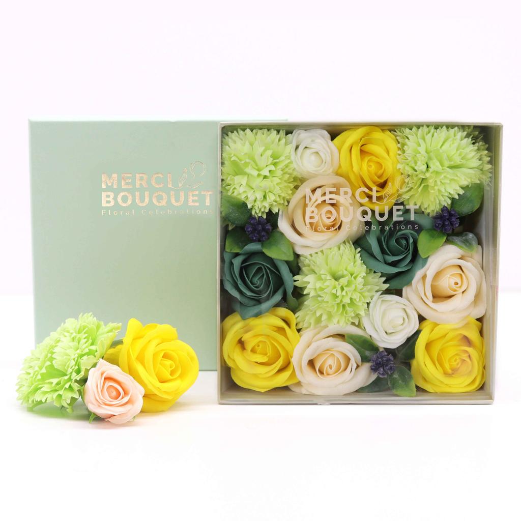 Soap Flowers Square Box, Yellow and Green