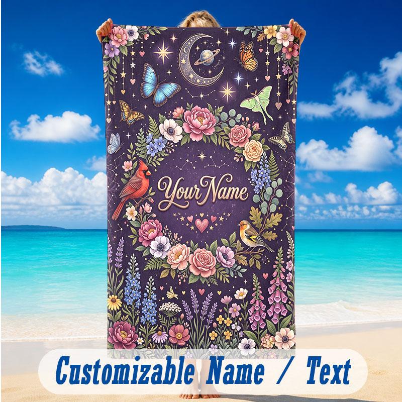 Floral Garden Theme Beach Towel Personalized Custom Name & Text Soft Quick Dry Beach Towel for Swimming Travel