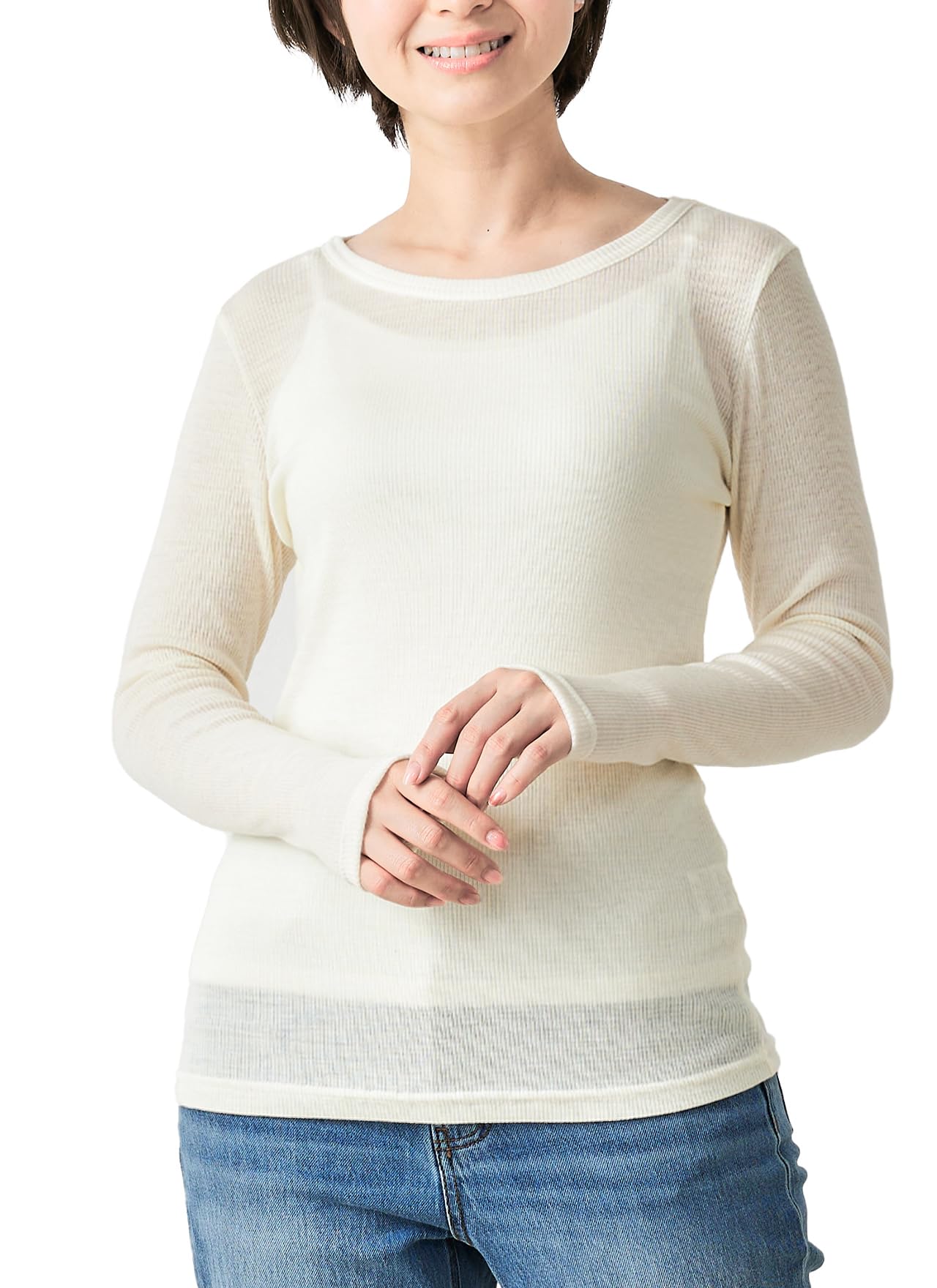 

901 Made in Japan Merino Wool Ribbed Long Sleeve Cut and Sew Crew Neck [SPAN] T-Shirt Women s (LL, A-Off)