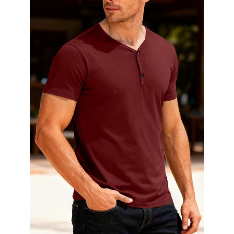 Men Henley Neck Short Sleeve Slim Fit Solid Color Casual Multiple Color Options T Shirt