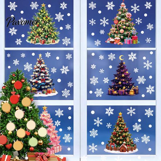 No Glue Seasonal Window Art 6Pcs Colorful Christmas Tree Snowflake Static Sticker, PVC Cling, Removable Decal Decorative Glass Stickers for
