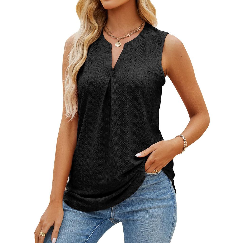 Casual Summer Hollow Out V-Neck Sleeveless Blouses for Women Fashion Elegant Loose Tank Tops for Women Solid Pullover Tunic