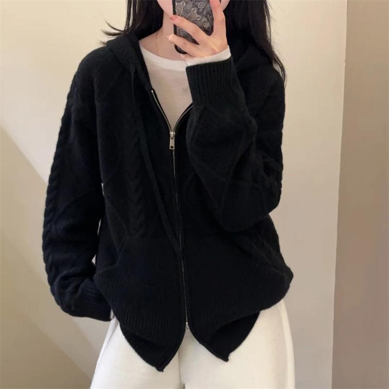 2025 Autumn/Winter Women's Thickened Pure Wool Hooded Cardigan with Pockets - Versatile Fashion Knitwear Outerwear