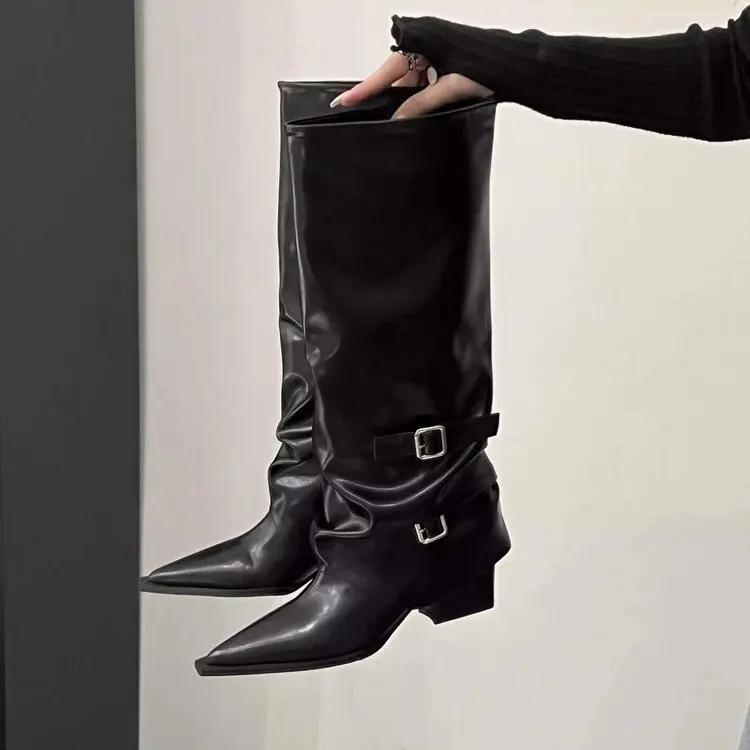 Fashion Bla High-Tube Long Boots Women's Faionable Retro Belted Pointed Toe Booties Spring Autumn PU Leather Cotton Lined Rubber ...