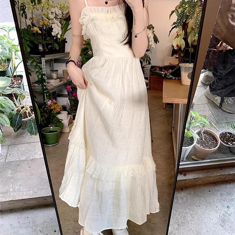 Gentle Wind Small A-shaped Long Skirt Summer New French Fairy Small White Dress Suspender Dress