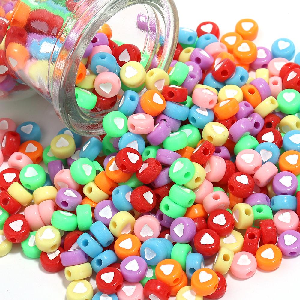 100Pcs/Lot Flat Round Acrylic Beads Colorful Heart Loose Spacer Bead for Jewelry Making Handmade DIY Bracelet Necklace Accessory