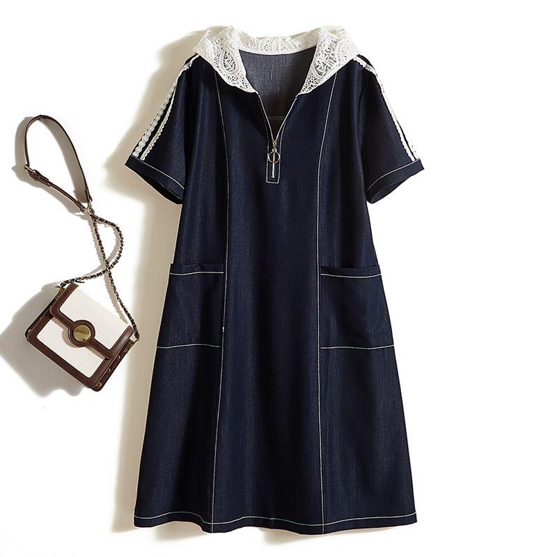 

Gas Texture Stitched Pattern Lace Hooded Dress! Women Summer Washed Cotton Denim Blue Pocket Open Line Loose Dress Dark Blue 4XL