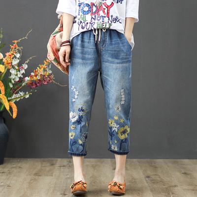 Jeans Larghi Ricamati Primaverili da Donna Design Casual Sette Pantaloni