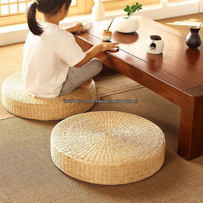 Cuscino da Meditazione Tatami Giapponese Intrecciato con Paglia Spessa - Cuscino Rotondo Zafu per Piegarsi sulle Ginocchia