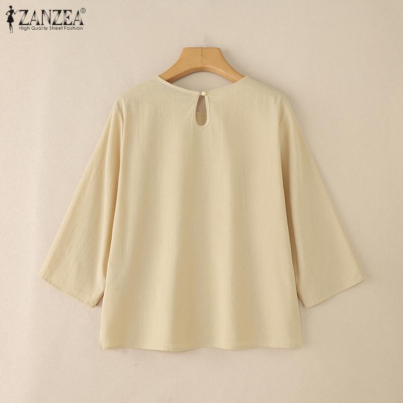 ZANZEA Women Casual Round Neck Solid Color 3/4 Sleeve Loose Blouse