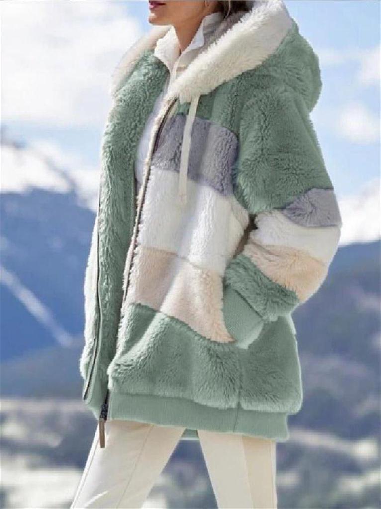 Women's Loose Fit Multi-Color Plush Hooded Jacket - Autumn/Winter 2021