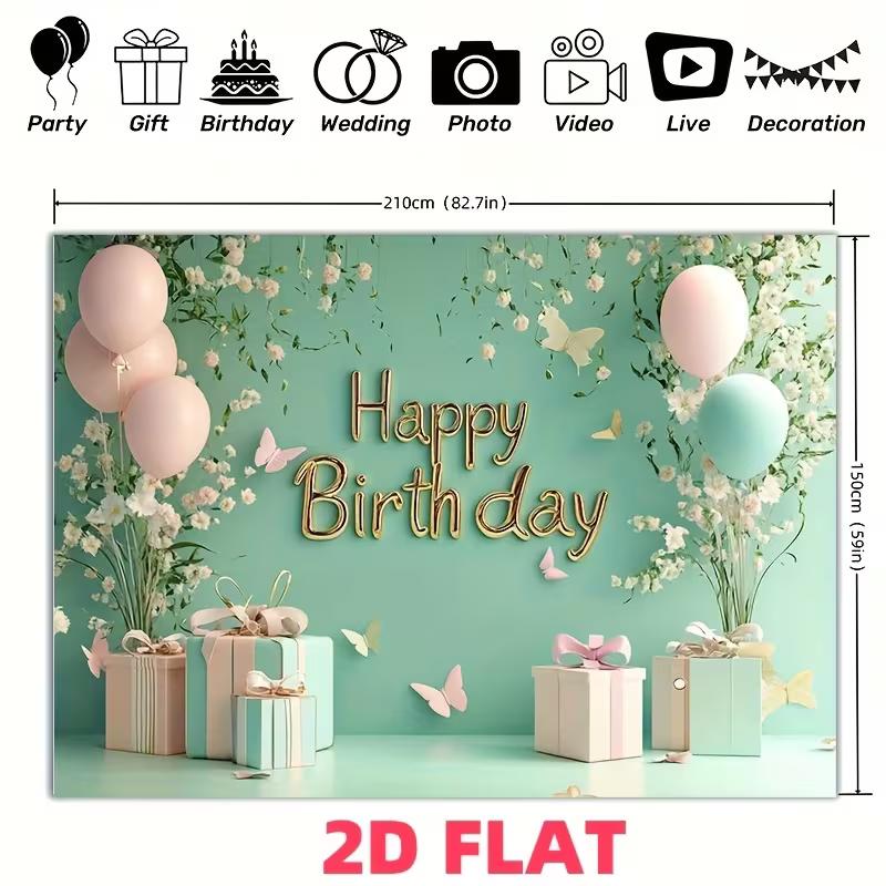 2D Mint Green Happy Birthday Backdrop with Pink Balloons & Floral Photography Background