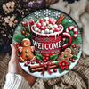 Christmas Themed Iron Wall Art Decor 7.8 Inch Round Metal Sign with Gingerbread and Holiday Mug Design Welcome Door Sign
