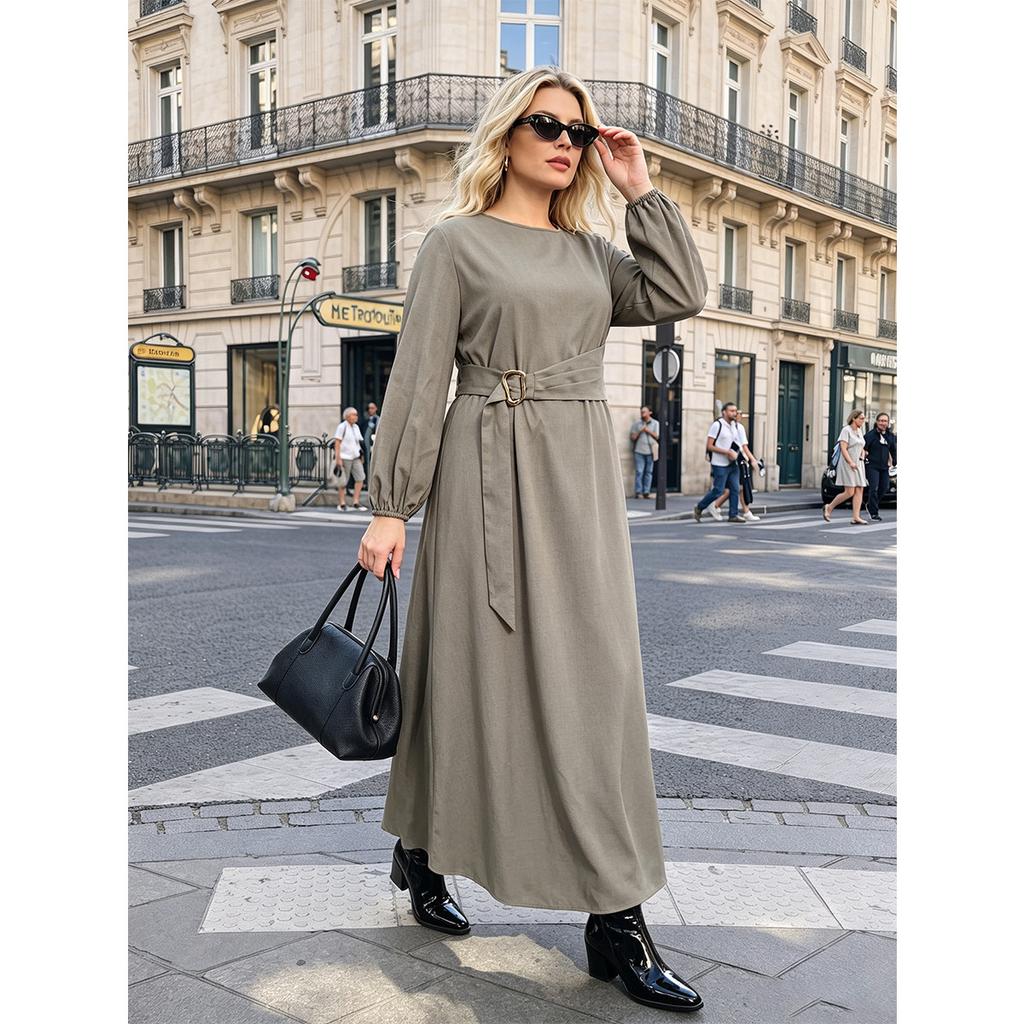 Simple solid color big pendulum coffee break dress with waist metal buckle strap commuting meat covering knee large size dress
