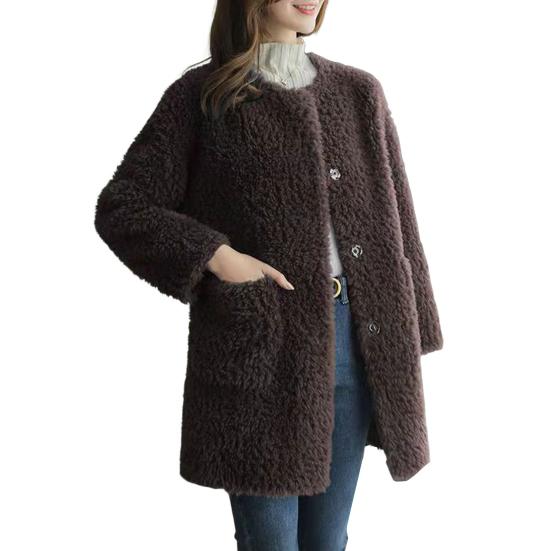 Winter Coat Round Neck Long Sleeve Single Breasted Plush Jacket with Pockets Solid Color Mid-length Imitation Fur Outerwear