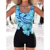 Summer Beach Pool Wear Flower Pattern Printed One Piece Boy Short Swimsuit Women Athletic Slim Fit Bathing Suit