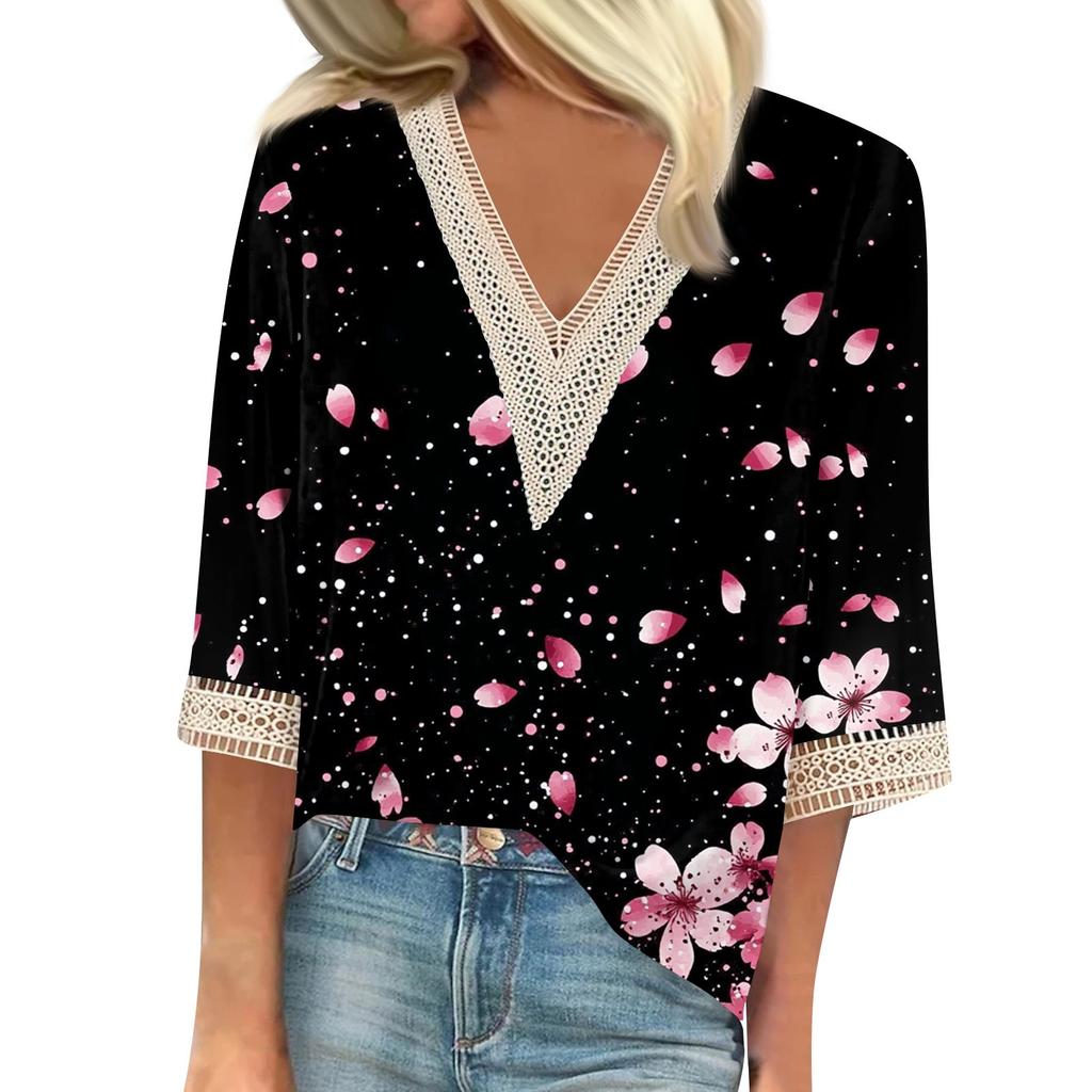 Women's Fashion V-Neck Lace Lace Vintage Floral Print T-Shirt Casual Seven Sleeve Top