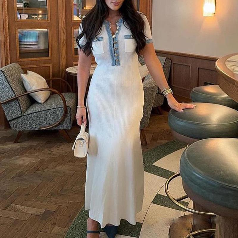Elegantní Kontrastní Dámské Pletené Maxi Šaty Šik O-výstřih Krátký Rukáv Kovové Knoflíky Bodycon Šaty Kancelářská Dáma Cestovní Župan