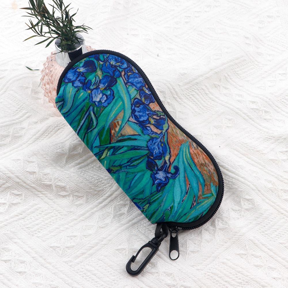 1 st Van Gogh Irissen Kunstprint Brillenetui Draagbare Rits Zonnebril Pouch Met Karabijnhaak Krasbestendig Brillen Beschermtas Kunstliefhebbers Cadeau