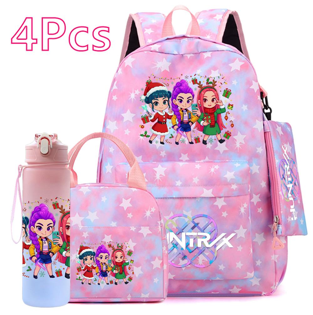 4 st/set Jul K-POP Tryckt Ryggsäck Handväska Pennskrin 750 ml Vattenflaska för Tonåring Pojke Flicka Bokväska Skolväska Med Drickmugg Barnpresent