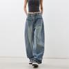American Vintage Blue High Waist Loose Wide Leg Curved Blade Jeans For Women