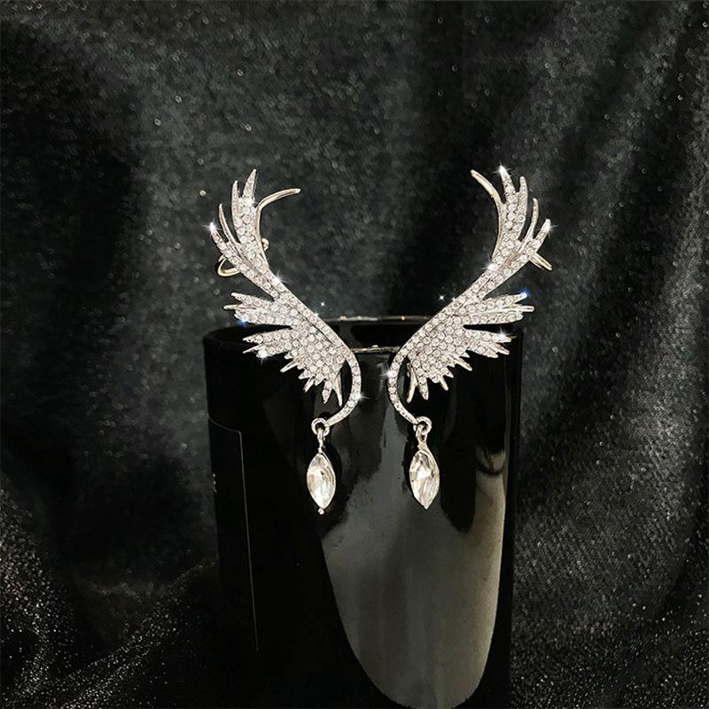 Single Korean Angel Wing Rhinestone Earrings Shiny Drill Arc Ear Hanging Clip Earrings for Women Unusual Ear Cuff Jewelry
