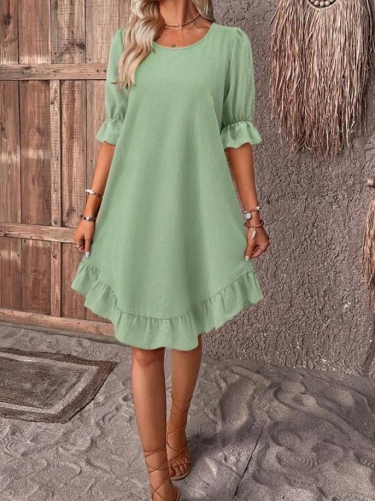 Women's Red Brown Flounce Sleeve Midi Dress, Relaxed Fit Ruffle Hem Dress