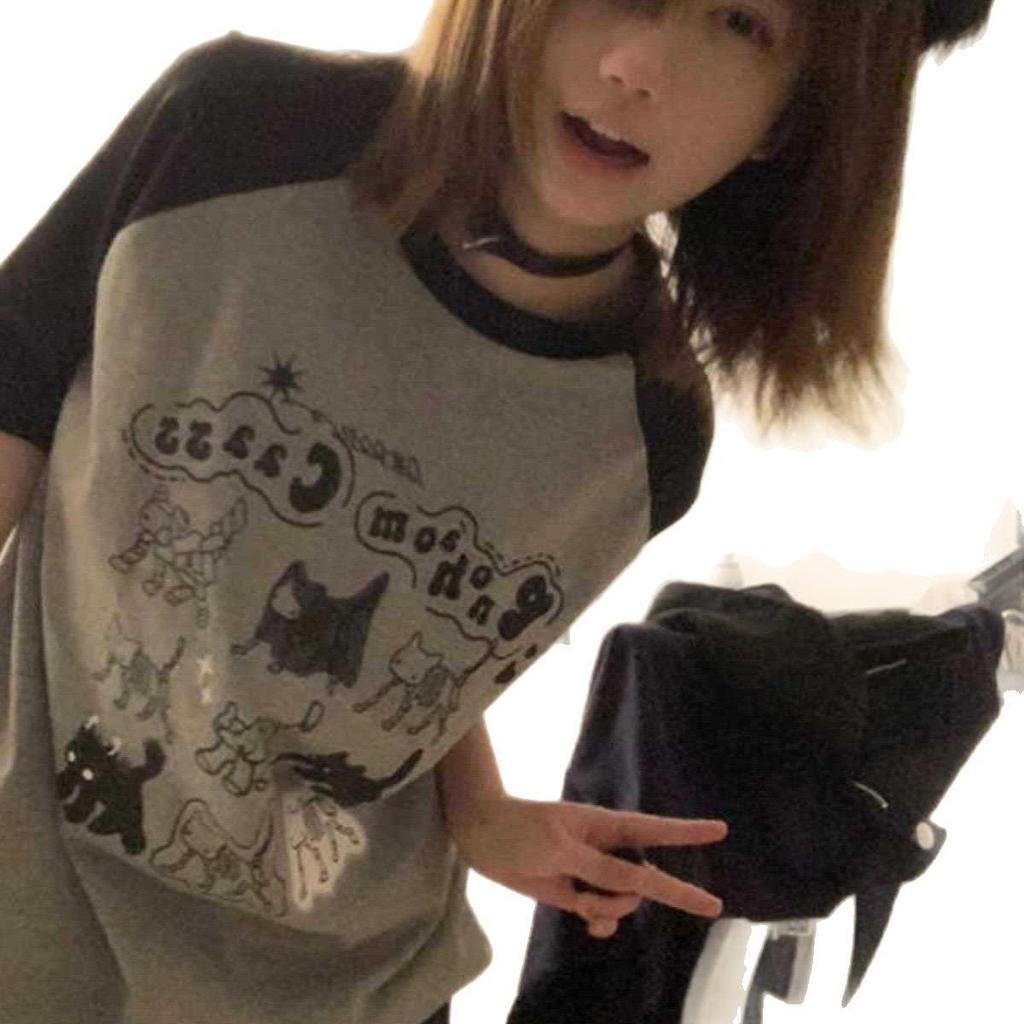 Koreanisches Retro-Cartoon Colorblock Raglan Übergrößen-T-Shirt – Damen Sommer Lockerer Harajuku-Stil Top