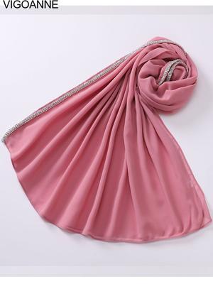 VigoAnne 2025 Lady Muslim Solid Diamond Long Edge Hijab Shawls Women Plain Scarf Middle East Islamic Turban Headband 175cm*70cm