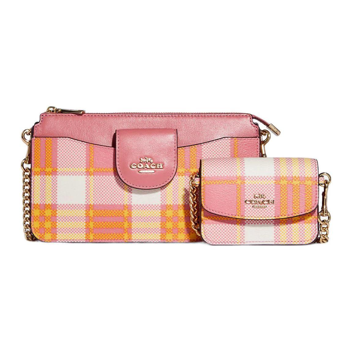 

Coach Poppy 21 Color Block Plaid Chain Crossbody Bag Small Women bags Toffee-Pink Gold C8682-IMTVT Basic Set (Bag+Dust Bag)