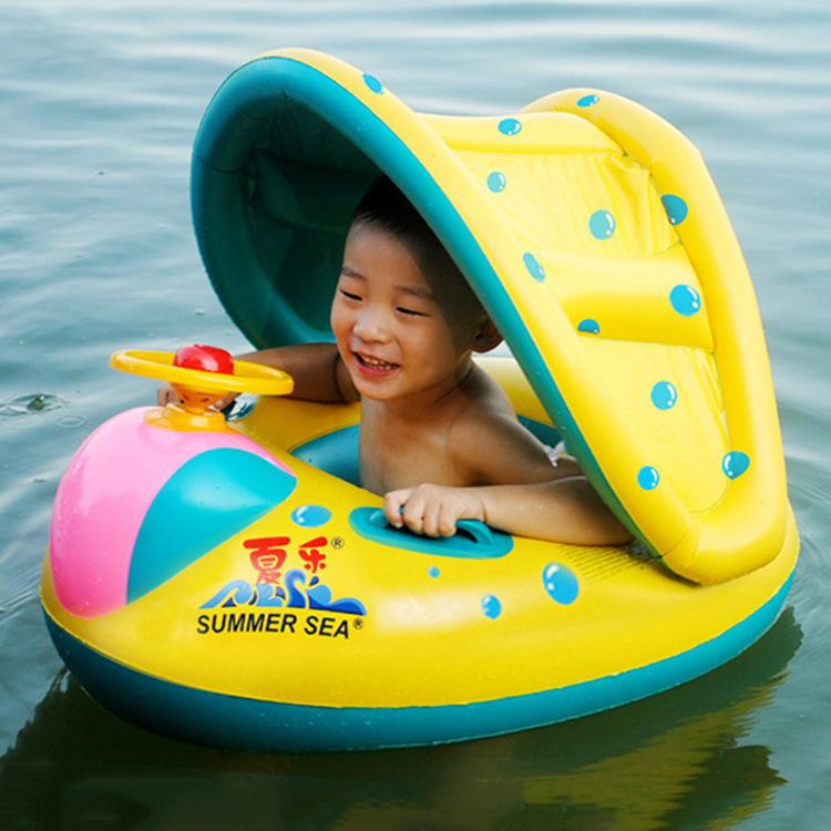 Baby Swim Ring with Sunshade, Toddler Inflatable Boat Float with Steering Wheel